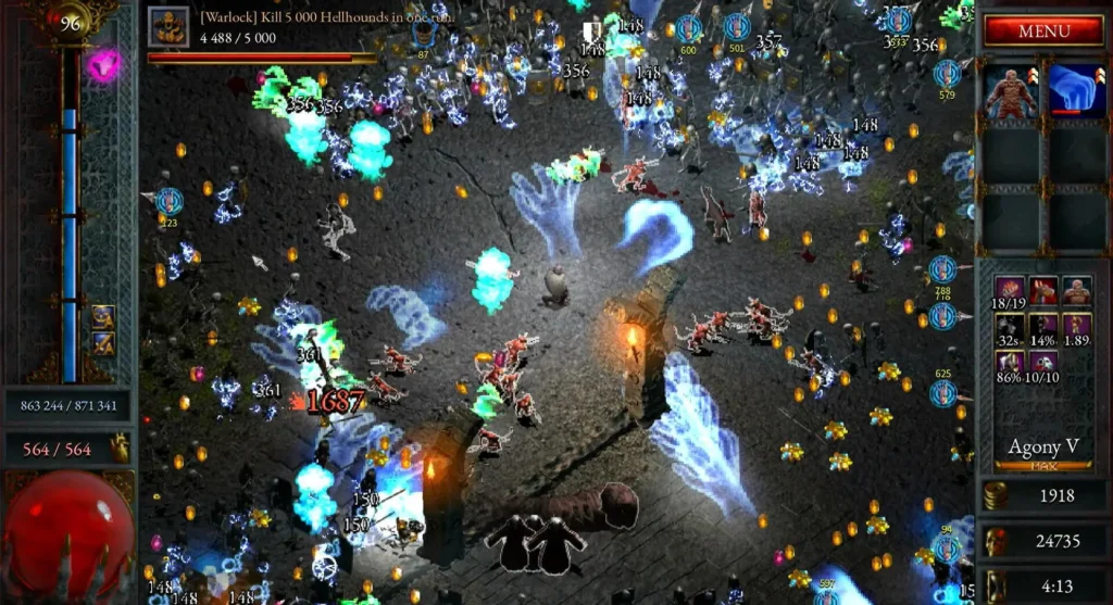 Halls of Torment gameplay showing a character during a chaotic situation