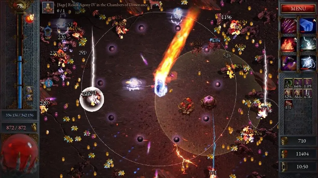 Halls of Torment gameplay showing a character fighting hordes of monsters